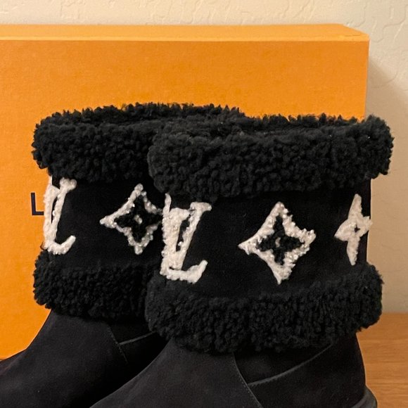 Louis Vuitton Snowdrop Flat Ankle Boots 7 37 Black Suede Shearling Excellent! - Picture 9 of 16
